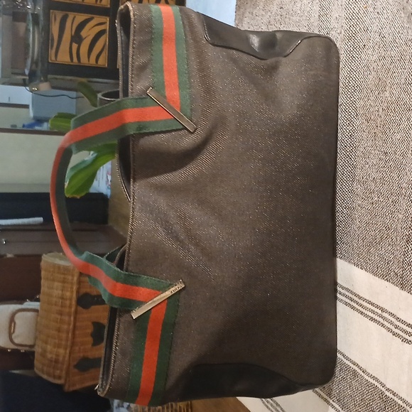 Authenti Gucci Web Sherry Line Shoulder Tote Bag Dark Gray And Black Canvas - Picture 2 of 15